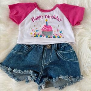5 for $25 Build-A-Bear Pink and White Birthday T-Shirt with Denim Shorts